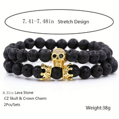 Volcanic Stone Micro Inlaid Skull Small Crown Men's Bracelet
