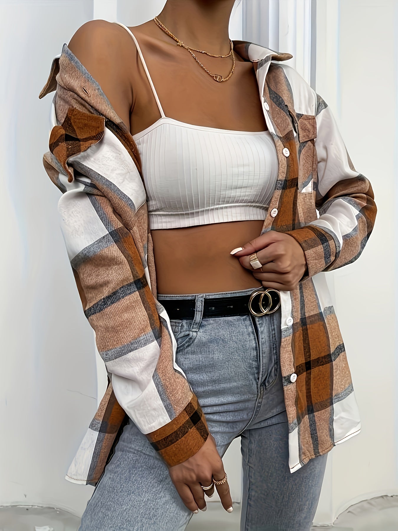  Plaid Button Up Long Sleeve Blouse