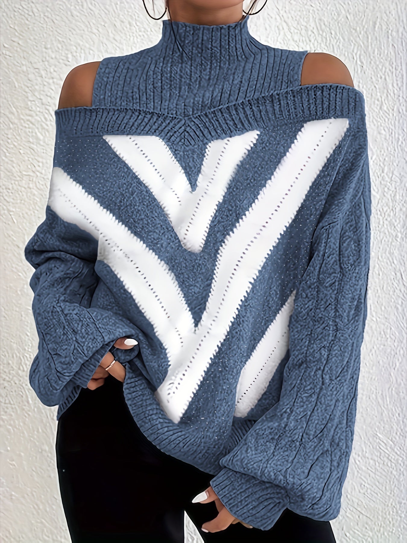  Geometric Print Cold Shoulder Sweater