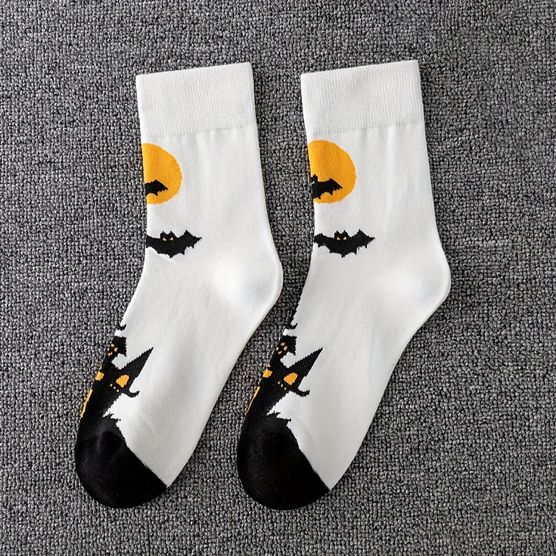 5 Pairs Halloween Crew Socks Skull & Pumpkin Print Stockings Women's Hosiery