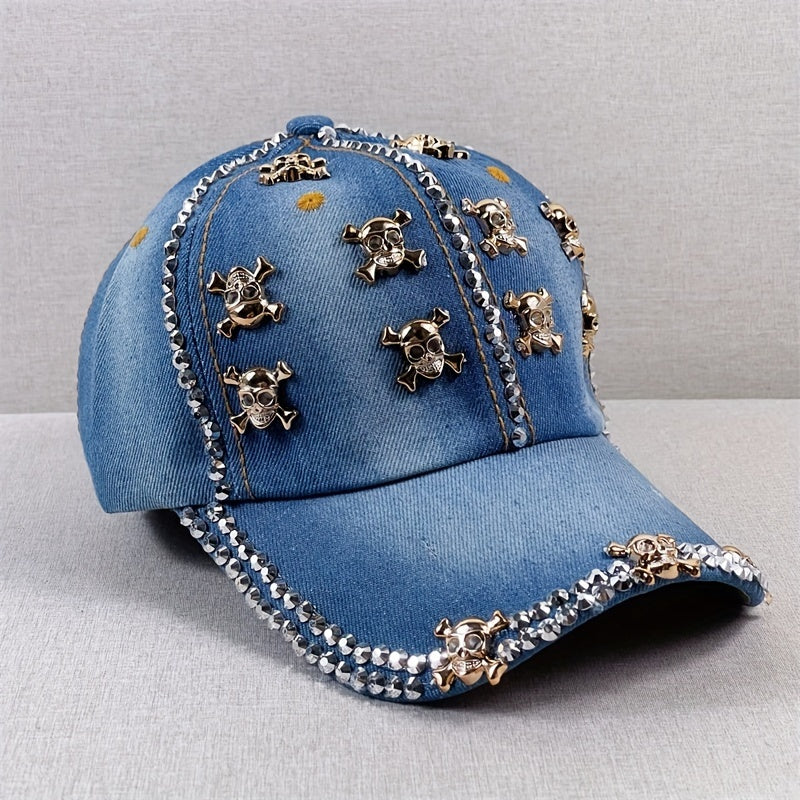 Skull Rivet Decor Baseball Cap Y2K Washed Denim Sun Hat Casual Dad Hats