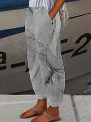 Marble Print Elastic Waist Pants Long Length