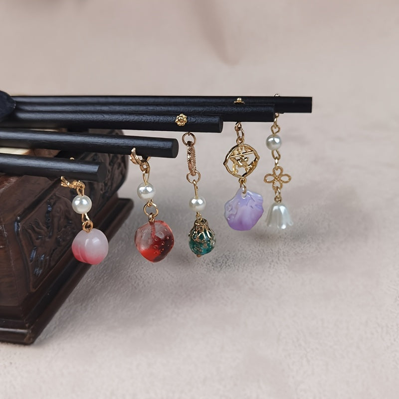 Vintage Chinese Style Wooden Hair Pin with Flower Tassel