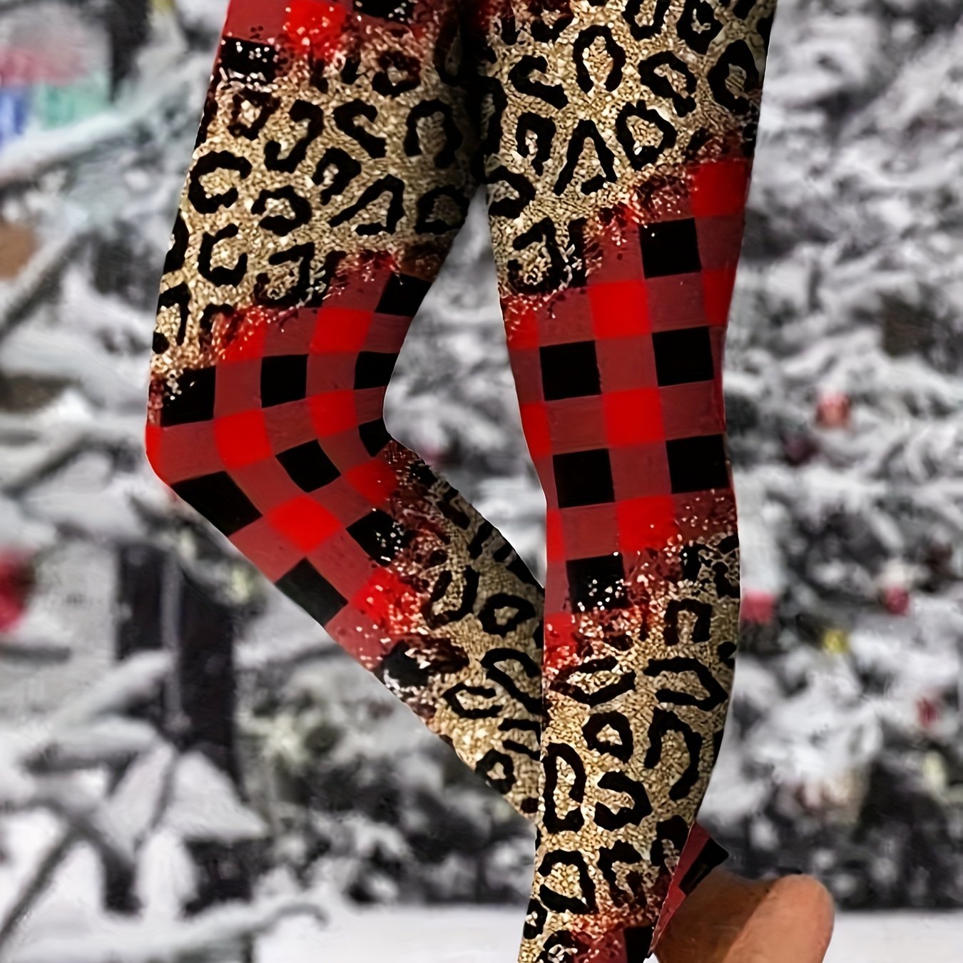  Colorblock & Leopard Print Skinny Trousers