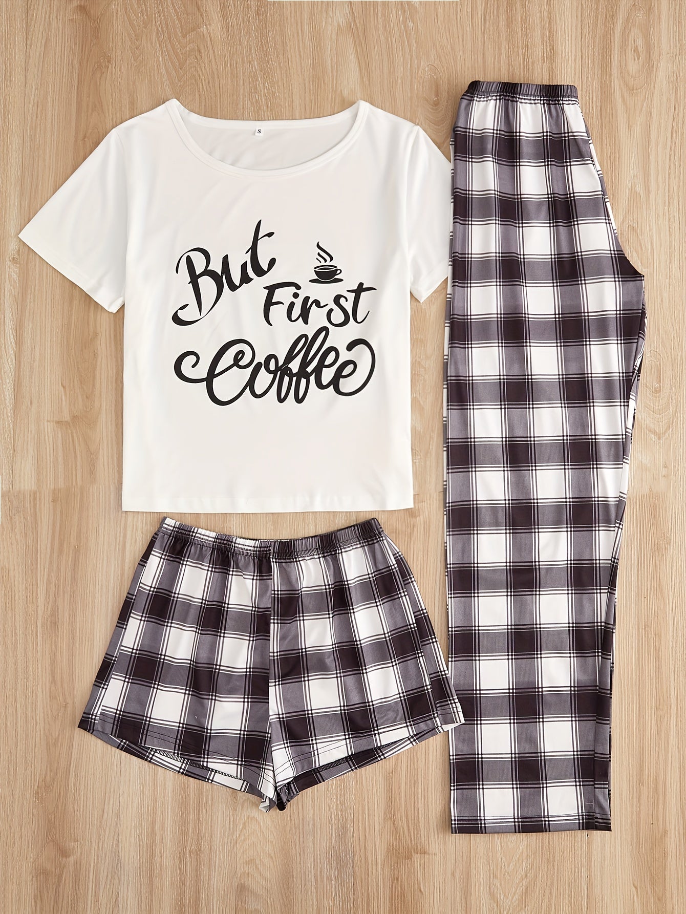 Letter Print Pajamas Set Short Sleeve Crew Neck Top & Shorts & Plaid Pants
