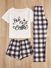 Letter Print Pajamas Set Short Sleeve Crew Neck Top & Shorts & Plaid Pants