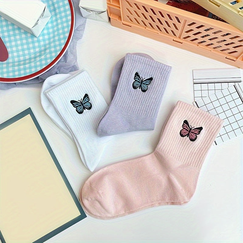 5 Pairs Butterfly Embroidery Socks Mid Tube Stockings