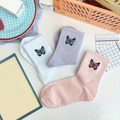 5 Pairs Butterfly Embroidery Socks Mid Tube Stockings