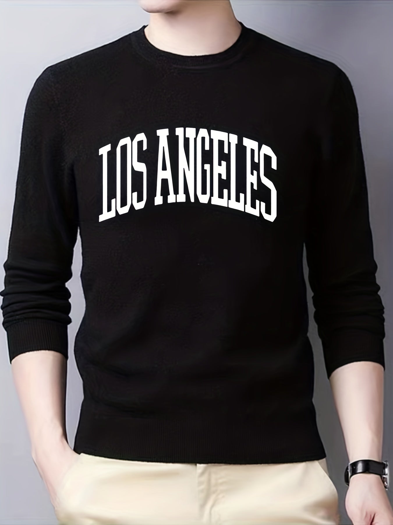 LA Crew Neck Knitted Sweater Men's Casual Warm Pullover Fall Winter