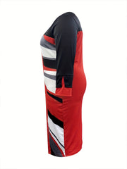  Colorblock Geometric Print Long Sleeve Dress