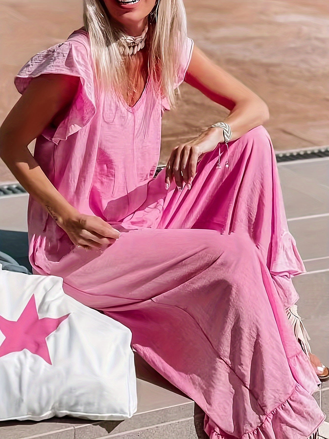  Ruffle Trim Cap Sleeve V Neck Jumpsuit