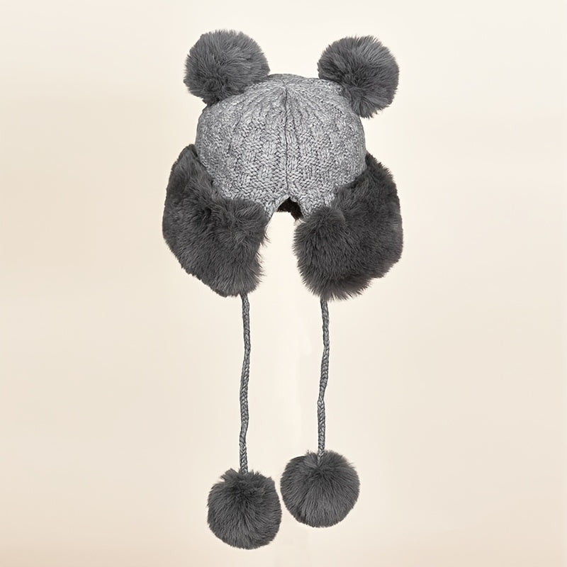 Women's Winter Plush Hat with Bear Ears and Fur Ball