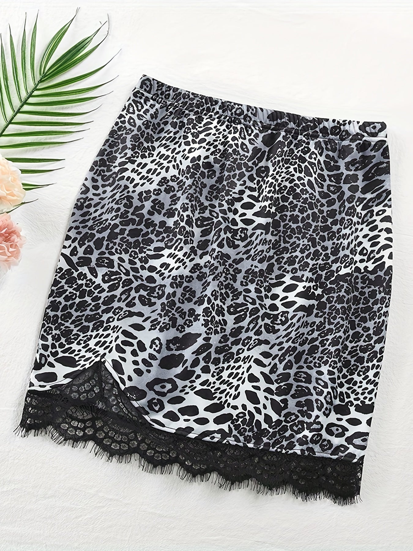 Snake Skin Print Lace Trim Skirt Sexy Slim Elastic Waist Skirt