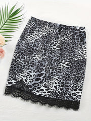 Snake Skin Print Lace Trim Skirt Sexy Slim Elastic Waist Skirt