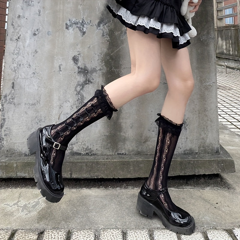 Ruffle Bow Calf Socks Lolita Knee High Socks Women's Hosiery