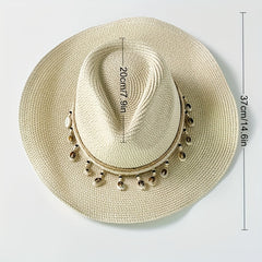 Boho Straw Hat Shell Chain Decor Wide Brim Khaki Sun Hat