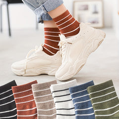6 Pairs Striped Crew Socks Comfortable & Breathable Women's Mid Tube Stockings
