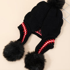 Ladies Printed Fleece Ear Protector Hat with Fur Ball
