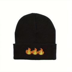 Flame Embroidered Beanie Hip Hop Knitted Warm Skull Cap