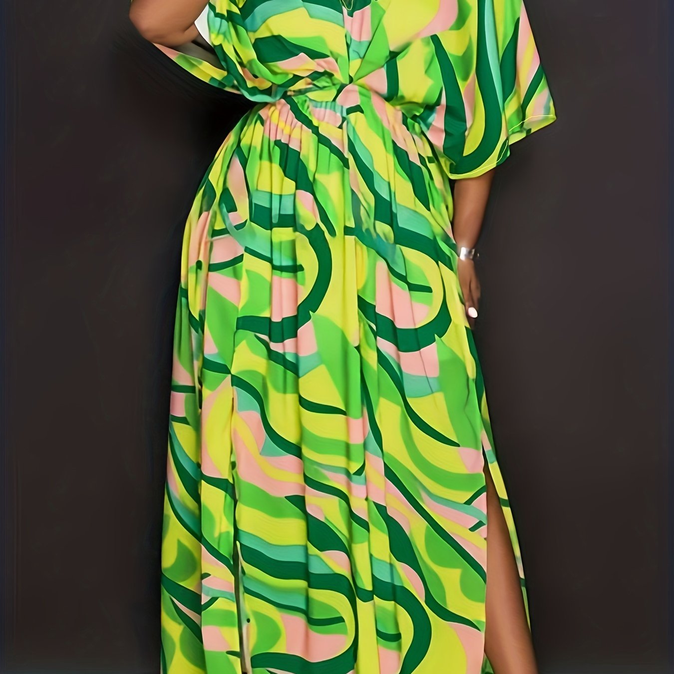  Maxi Dress - Stripe Print Batwing Sleeve V Neck Tie Back