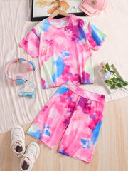 Girls' Tie Dye Short Sleeve T Shirt & Biker Shorts Set Sports Casual Yoga