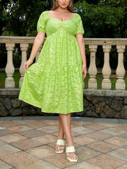  Casual Dress Eyelet Embroidered Bubble Sleeve Sweetheart Neck