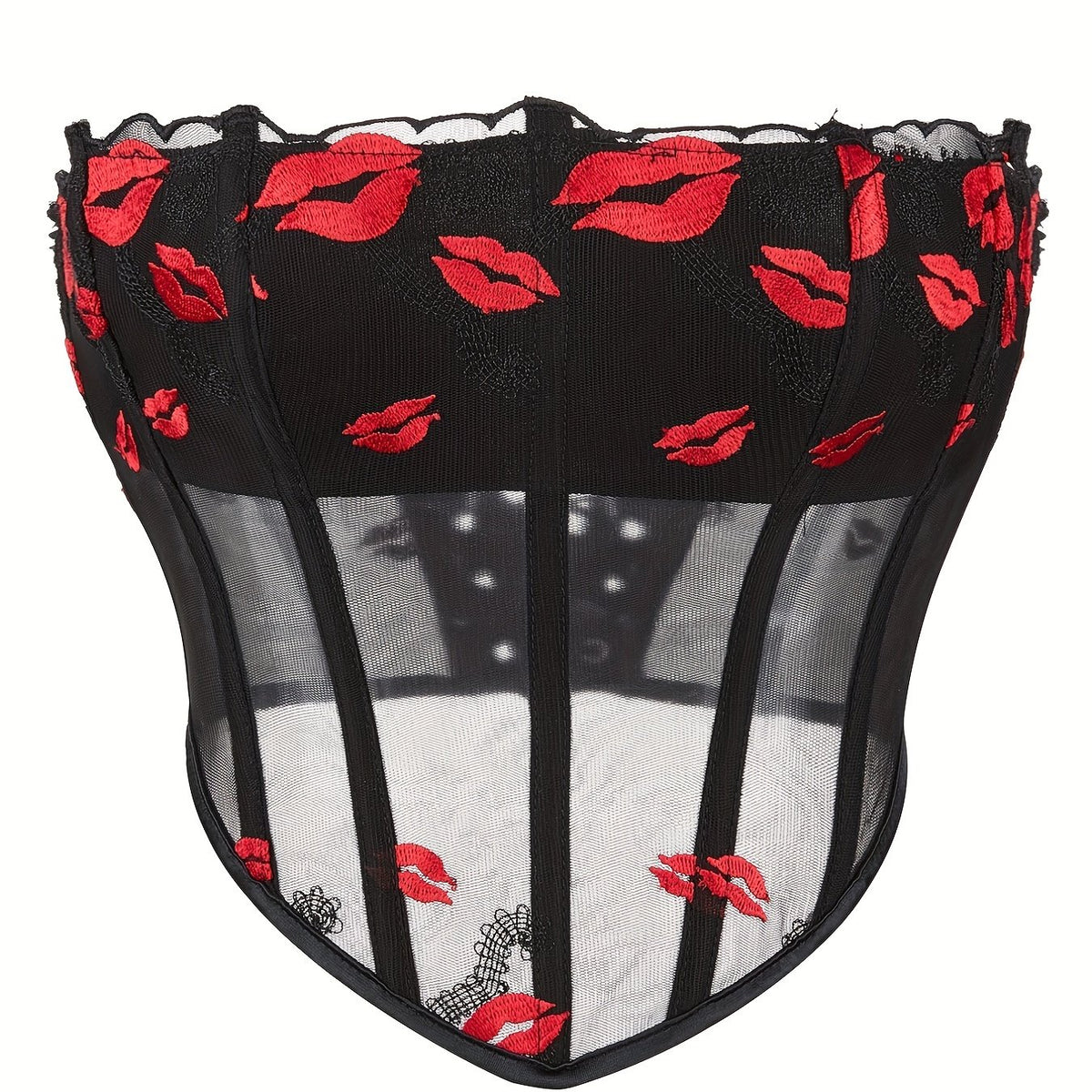 Lips Pattern Strapless Corset Mesh Tummy Control Body Shaper