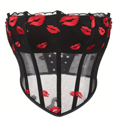 Lips Pattern Strapless Corset Mesh Tummy Control Body Shaper