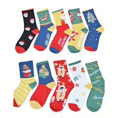10 Pairs Christmas Print Socks Women's Mid Tube Stockings Hosiery