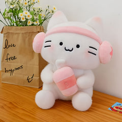 9.84in Cat Plush with Headphones Holding Drink Cup for Parties & Birthday