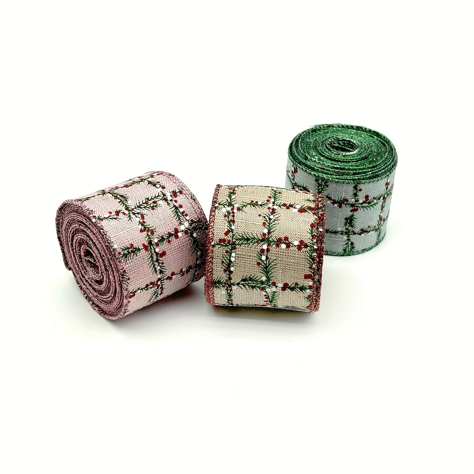 1pc 4 57 Meter Christmas Wired Edge Ribbon Green Twig Checked Pattern