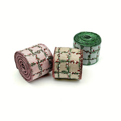 1pc 4 57 Meter Christmas Wired Edge Ribbon Green Twig Checked Pattern