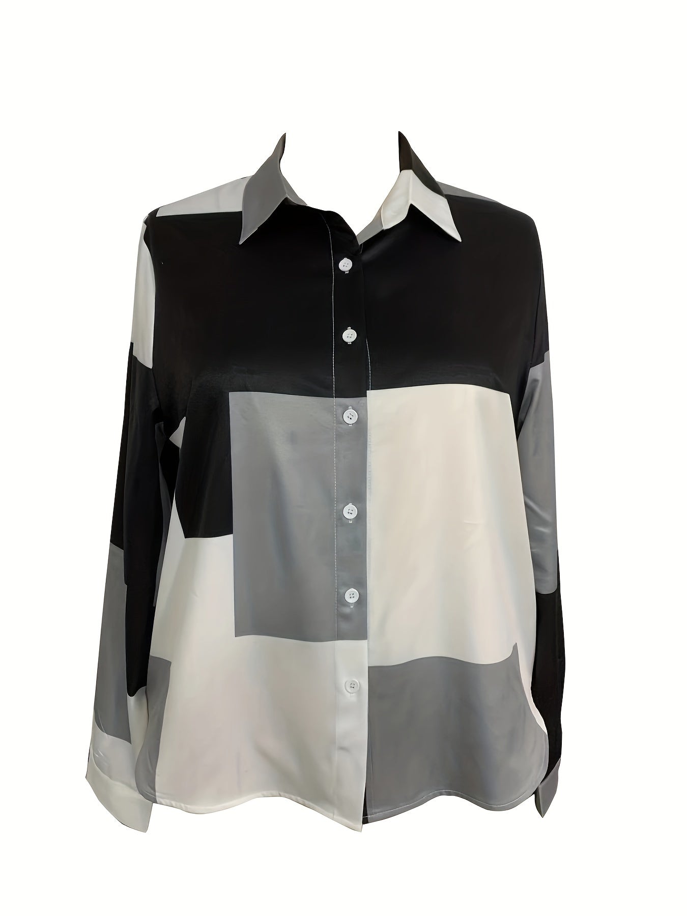  Colorblock Grid Print Button Up Blouse