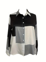  Colorblock Grid Print Button Up Blouse