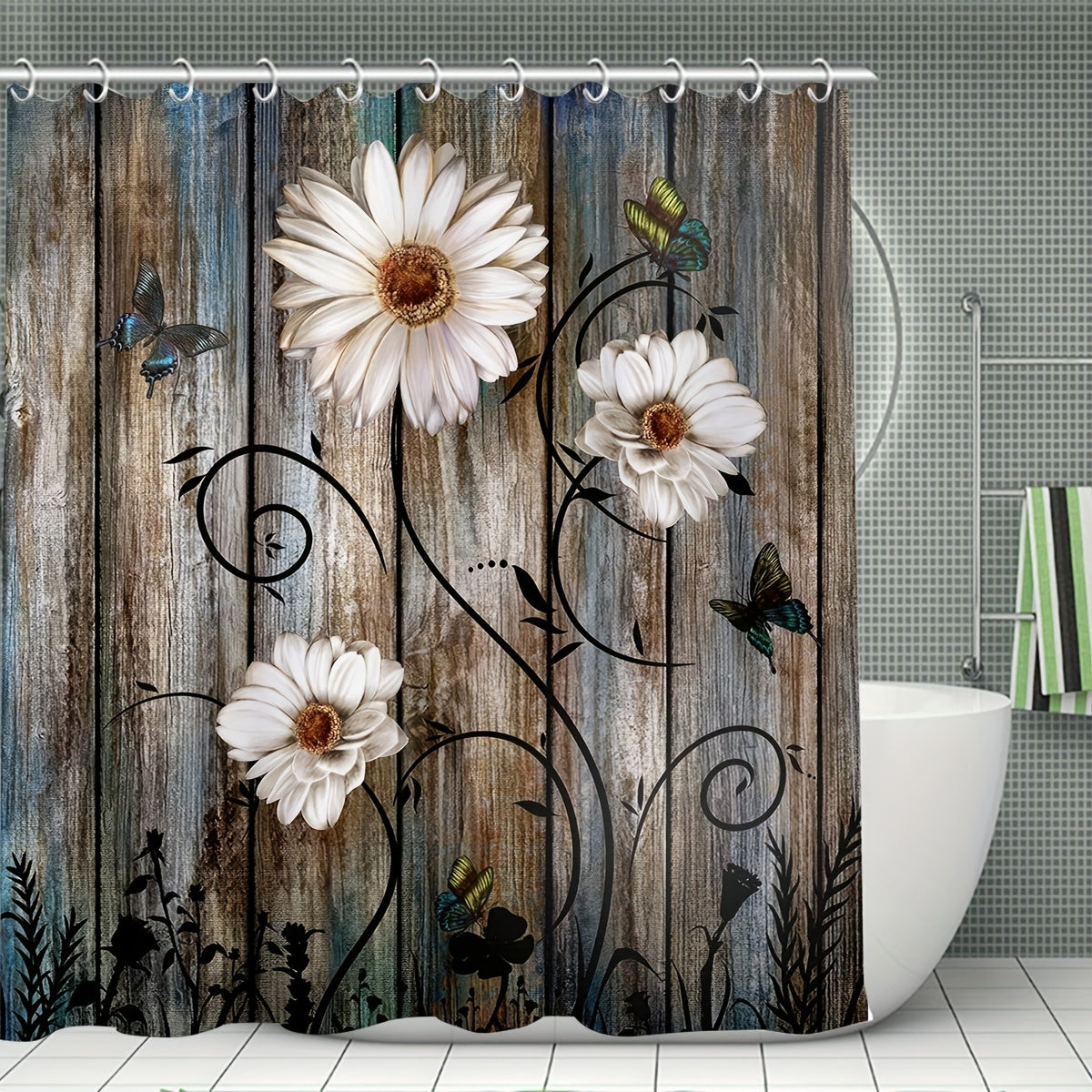 Non Slip Wooden Shower Curtain Set with 12 Hooks and Bathroom Decor