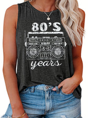  Casual Tank Top Women's Plus Radio & Letter Print Round Neck Tank Top