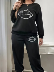 Women's Plus Rugby & Letter Print Fleece Sweatshirt & Jogger Outfit Set