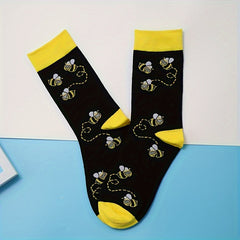 2 Pairs Cartoon Bees Print Socks Comfy Mid Tube Socks Women Stockings