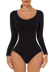 Seamless Solid Shaping Bodysuit Long Sleeve Crew Neck Slimming Body Shaper