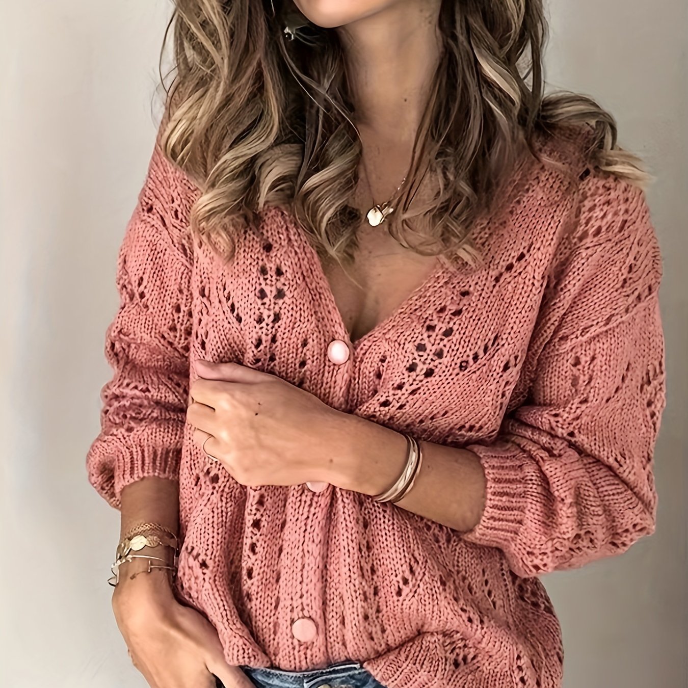 Solid Knit Cardigan Button Front Long Sleeve Sweater