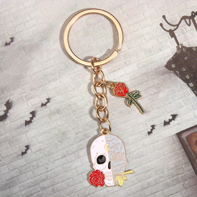 Y2K Rose Flower Skull Keychain Hiphop Punk Key Ring Purse Bag