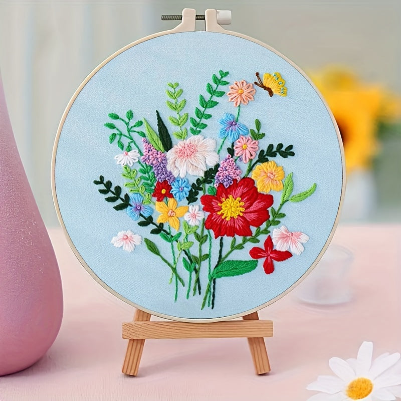 Flower Leaf & Butterfly Embroidery DIY Self Embroidery Set With Hoop