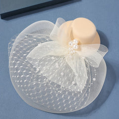 Beige Lace Fascinators Hat with Faux Pearl Decor