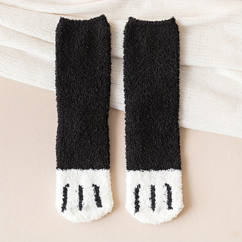 3 Pairs Cat Claw Print Socks Fuzzy & Warm Women's Stockings
