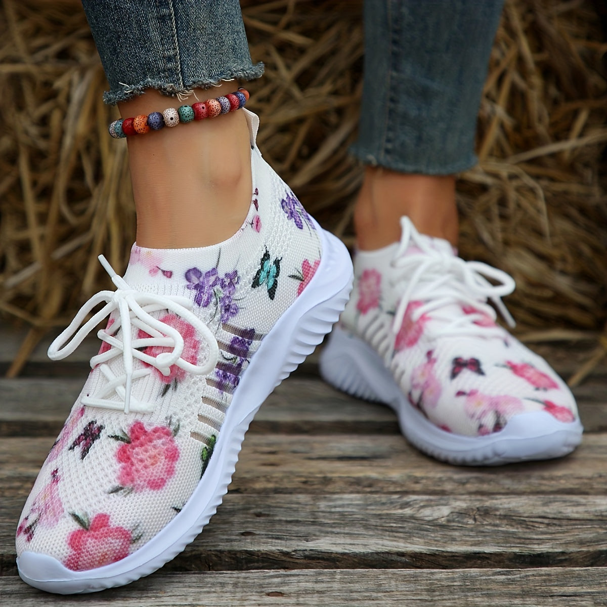 Floral Print Mesh Sports Shoes Lightweight Travel Shoes