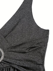  Casual Tank Dress Women's Plus Solid Surplice Neck Metal Decor Dress