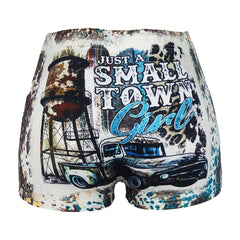 Letter & Car Graphic Print Skinny Shorts Casual Shorts