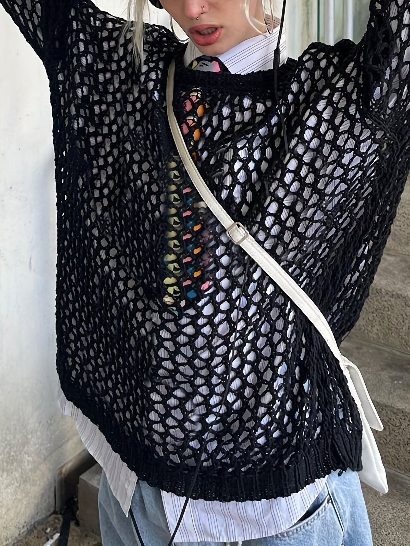Crochet Cover Up Knitted Top Long Sleeve Sweater For Spring & Summer