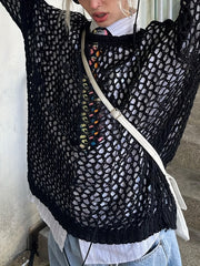 Crochet Cover Up Knitted Top Long Sleeve Sweater For Spring & Summer
