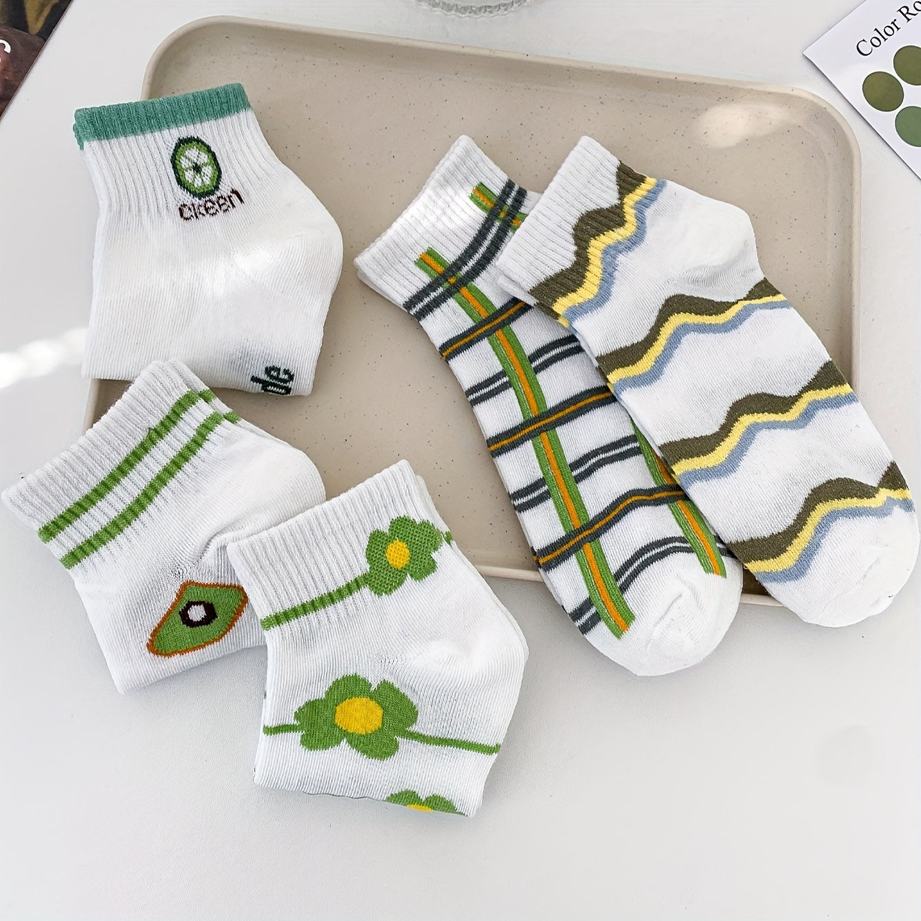 5 Pairs Cartoon Striped Low Cut Socks for Women